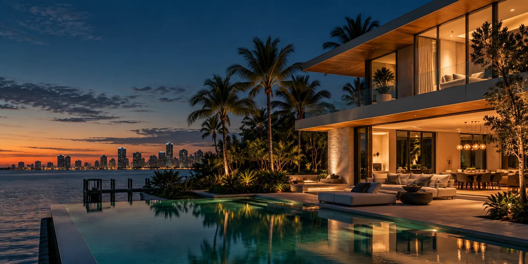 Modern Miami waterfront residence at dusk